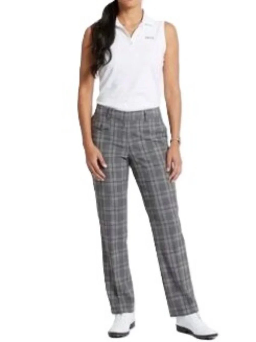 IZOD Plaid Stretch Pants Size 10 Black Grey Straight Leg Travel Golf EUC - Picture 1 of 8